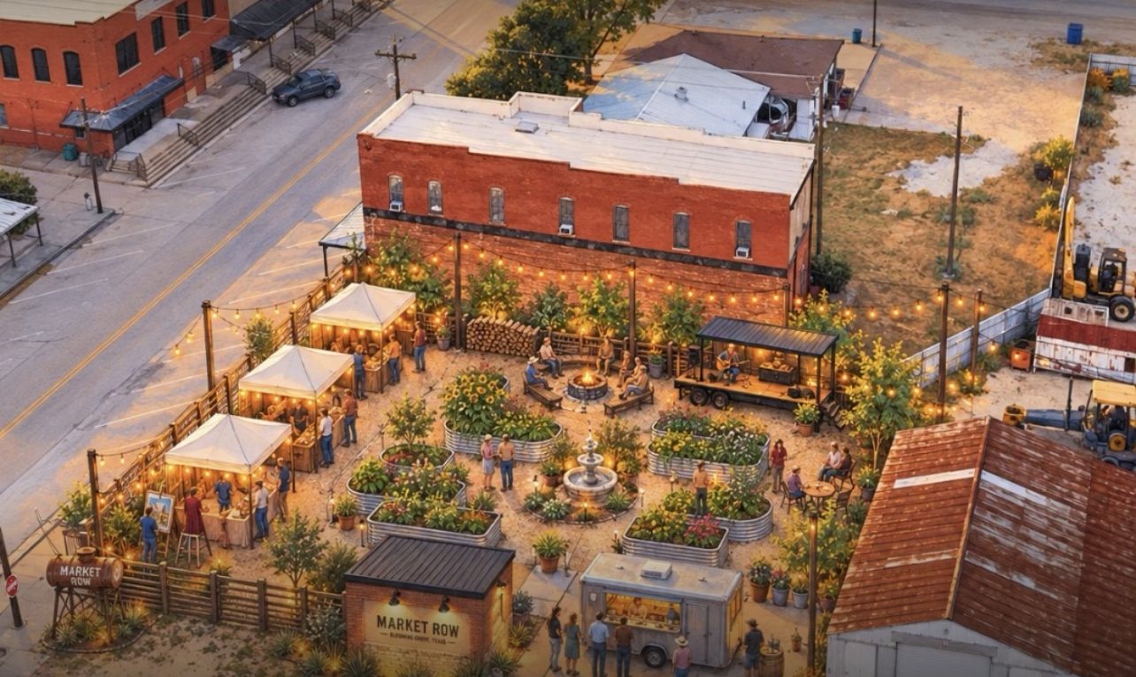 Artist's concept of Market Row at dusk: vendor tents, raised garden beds, a fire pit, a small stage and a food trailer on the corner lot.